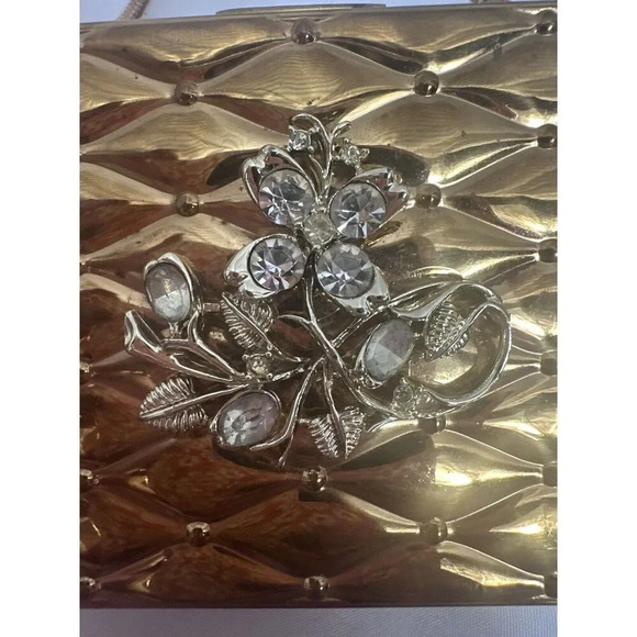1950’s Double Sided Evan’s Metal Cosmetic Compact Gold tone Clutch With Handle - Picture 11 of 15
